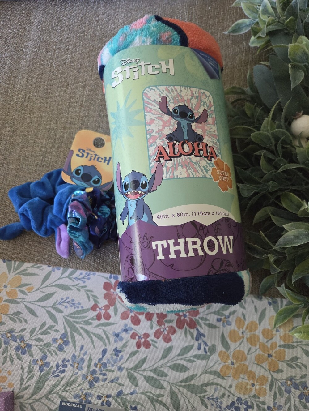 Disney Stitch Aloha Plush Throw - Blue, Teal, Orange & Hair Scrunchie Set